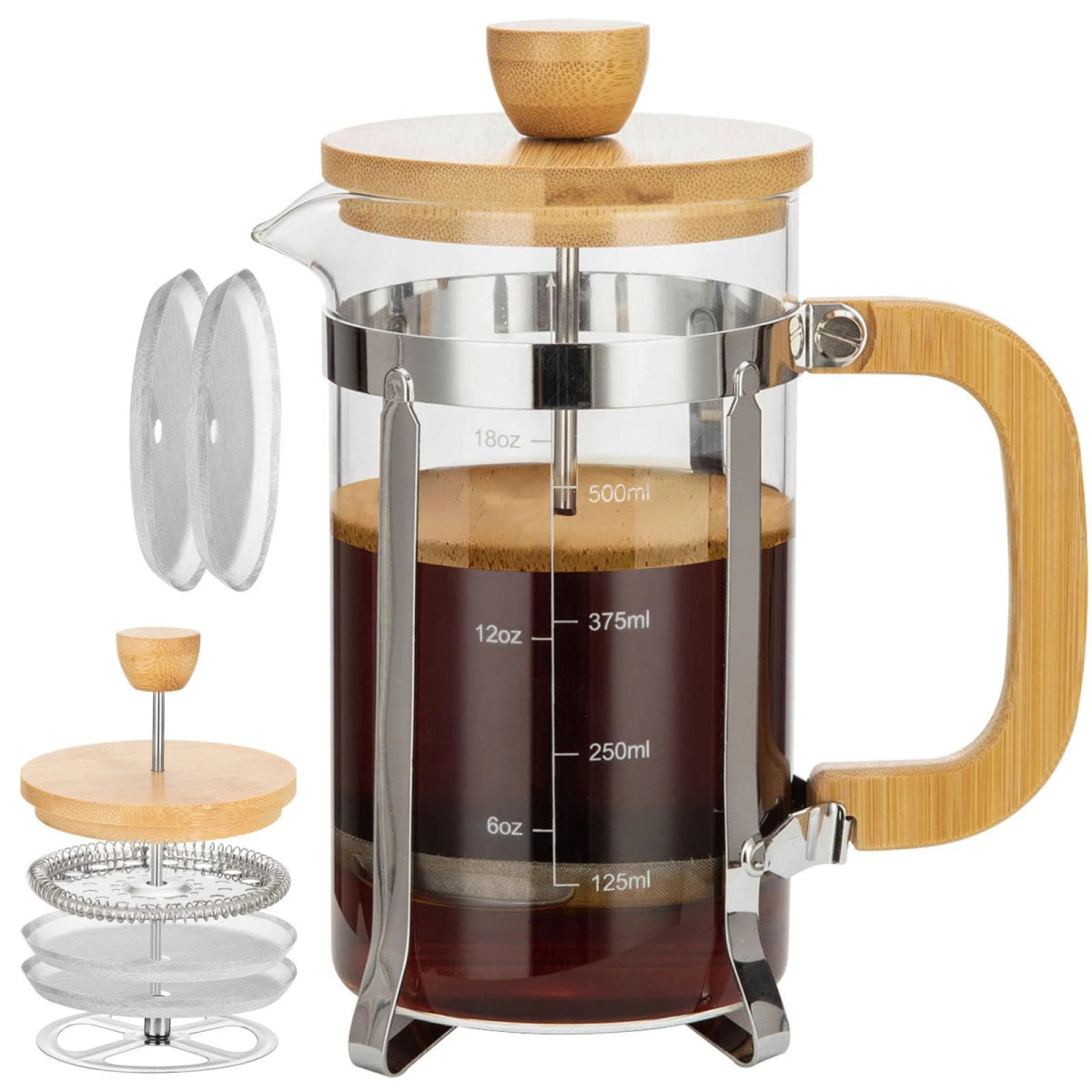 French press coffee maker with wooden handle and lid, filled with coffee, on a white background.
