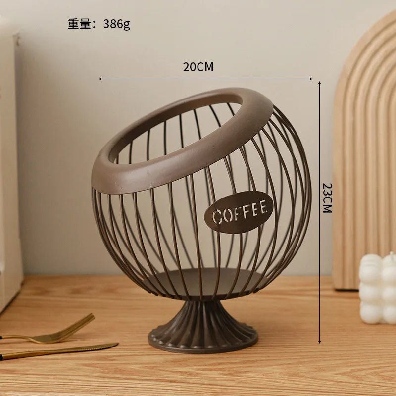 Decorative coffee-themed container with dimensions on a wooden surface