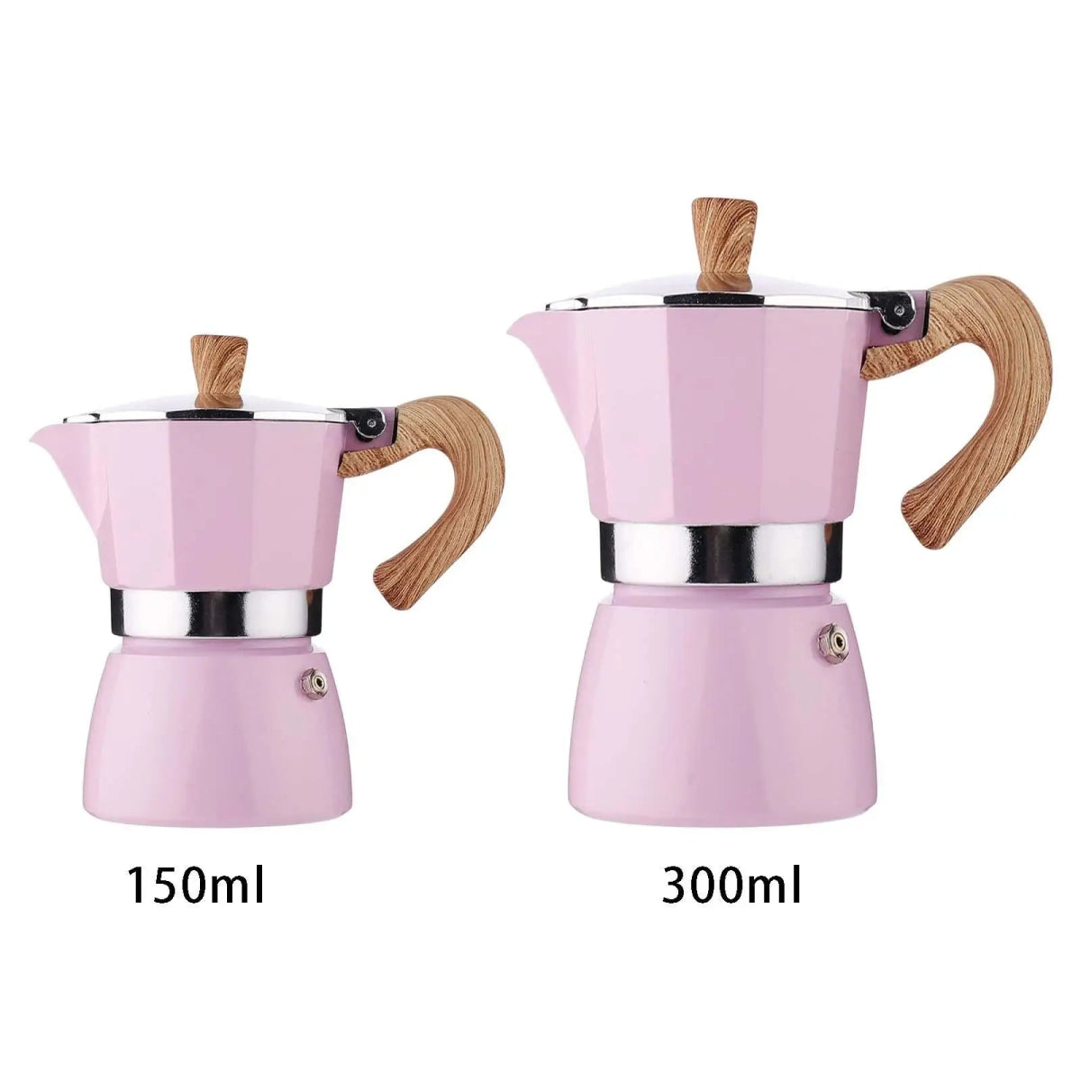 Two pink espresso pots with wooden handles, labeled 150ml and 300ml, on a white background.