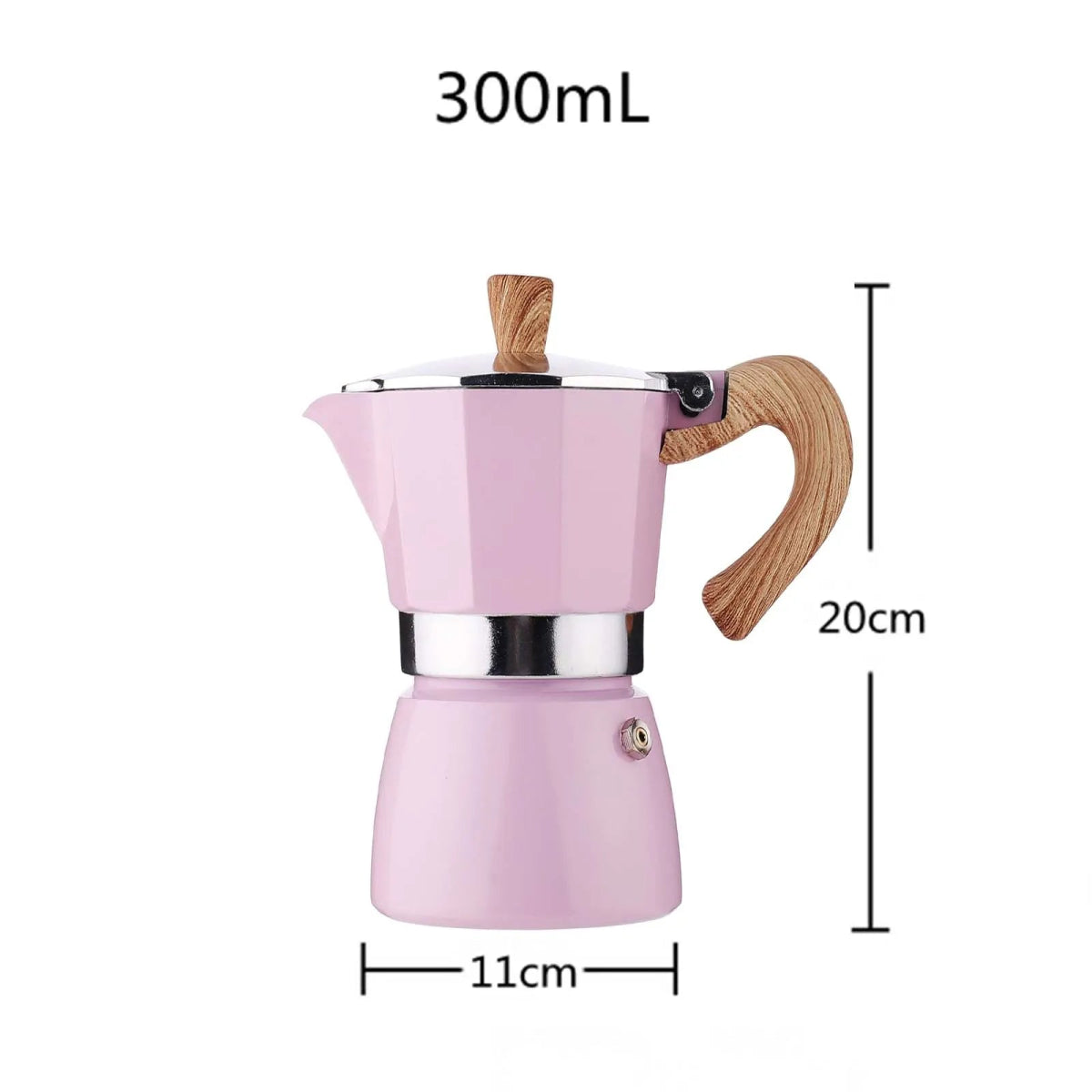 Pink espresso pot with wooden handle and measurements on a white background