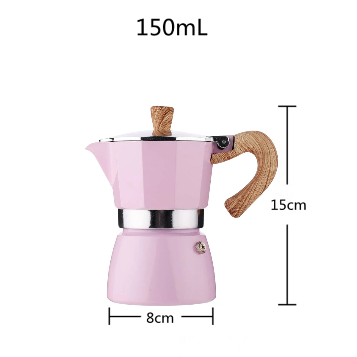 Pink espresso pot with wooden handle and measurements on a white background