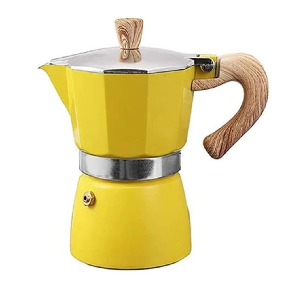 Yellow espresso maker with wooden handle and spout on a white background