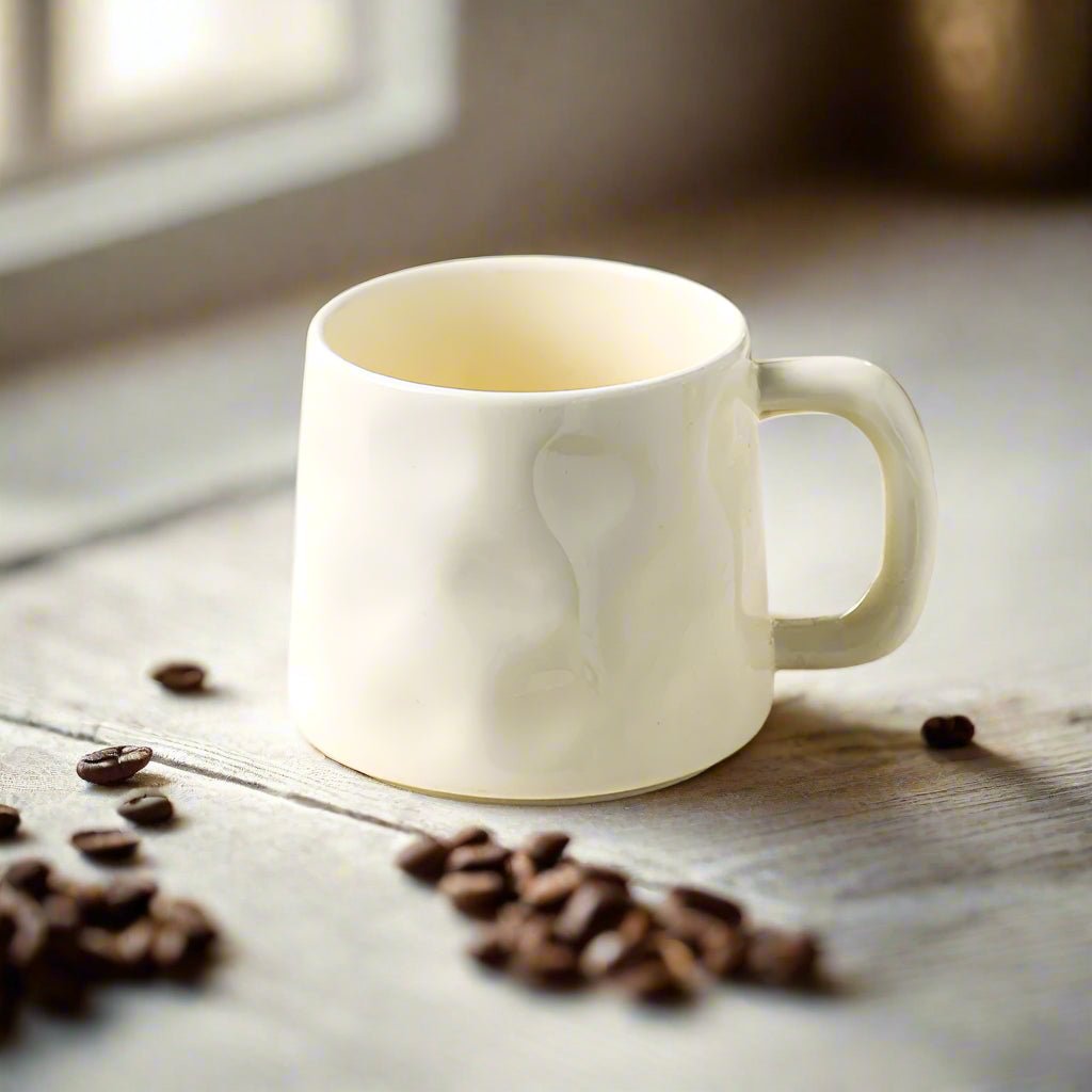 White ceramic mug on a wooden surface with coffee beans around it