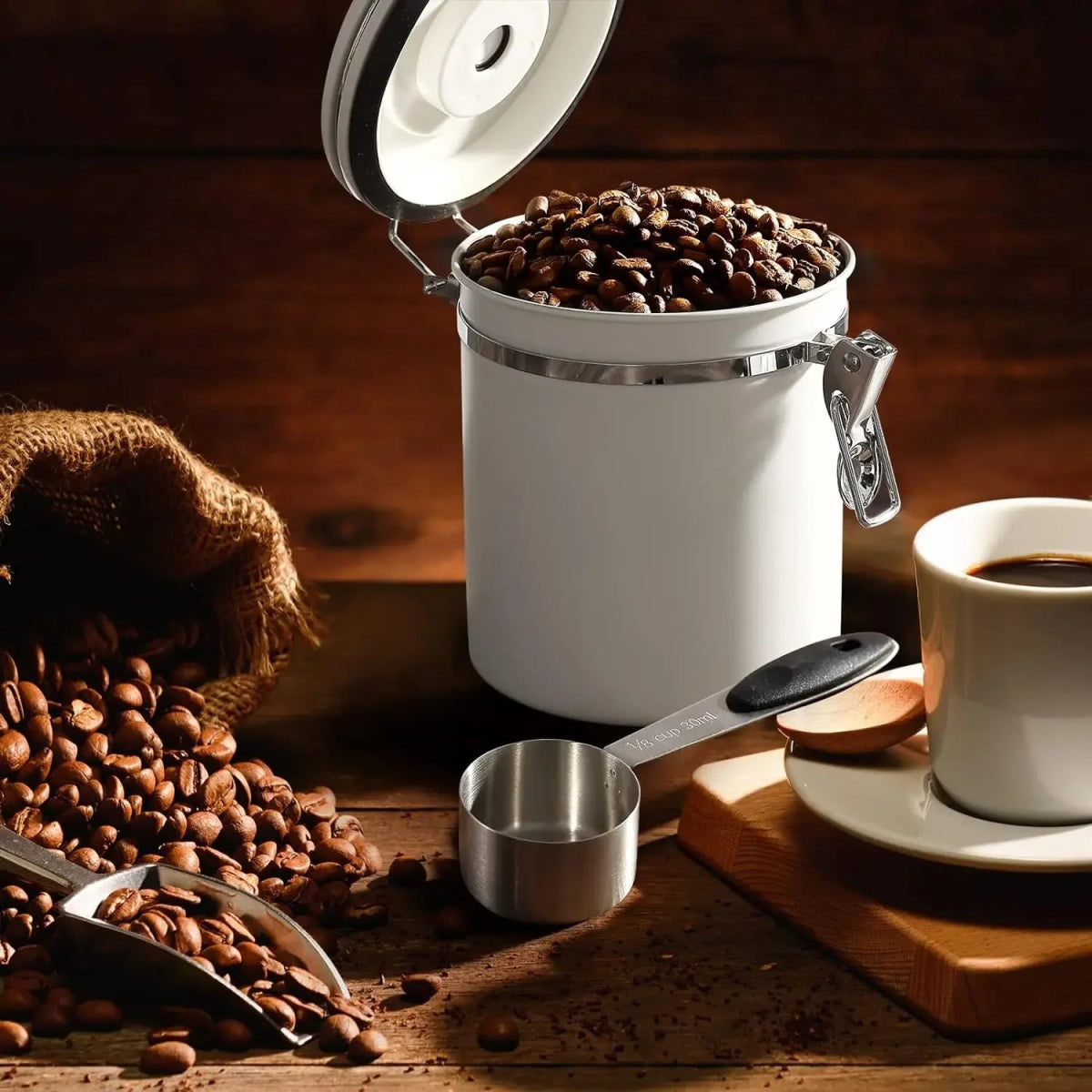 White Coffee Bean Storage Container with Scoop (3 Sizes)Utensils for Coffee