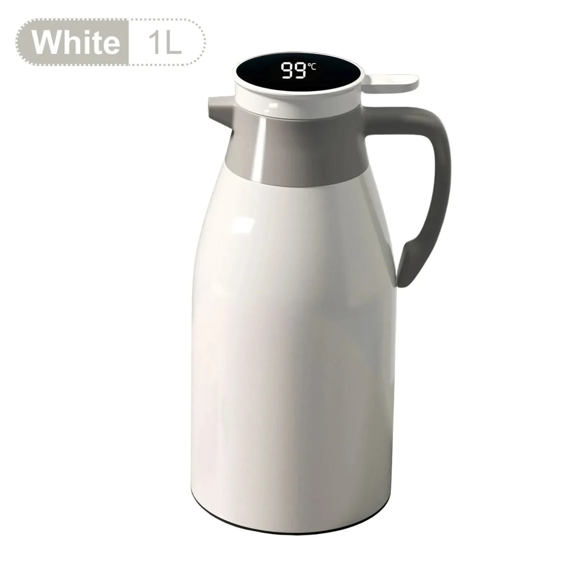 White thermos with digital temperature display on a white background