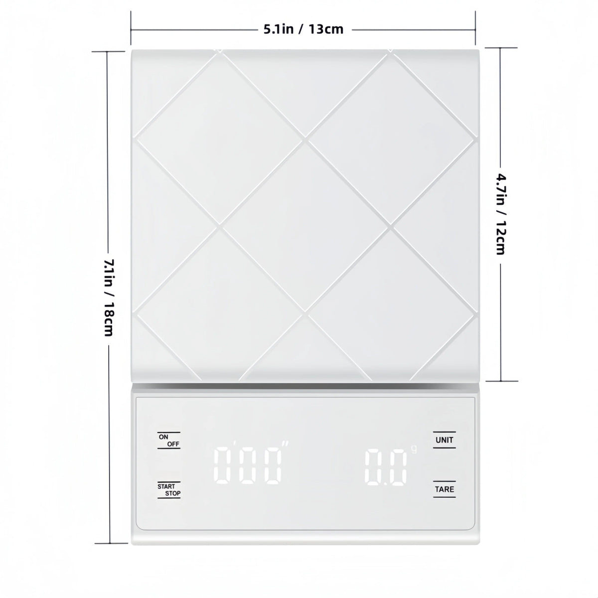 Measurement chart of a digital kitchen scale with dimensions and display details.