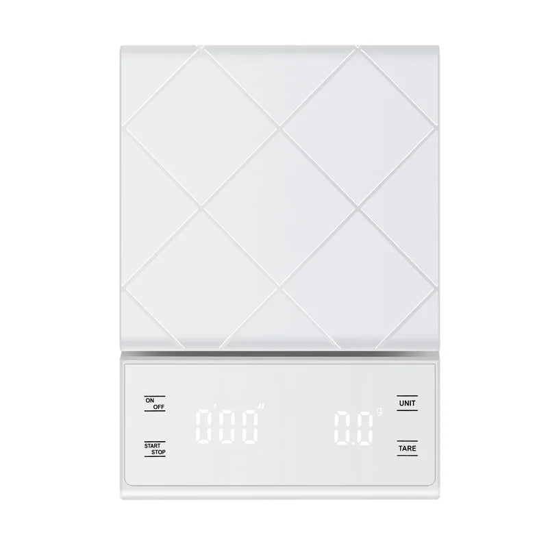 White digital scale with geometric design on a white background