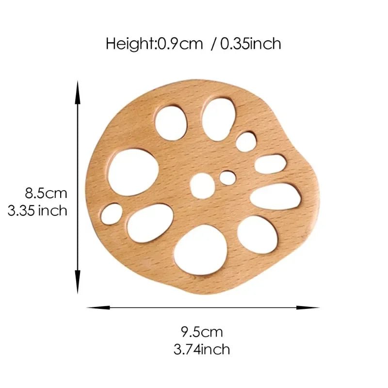 Wooden coaster with circular design and measurements on a white background