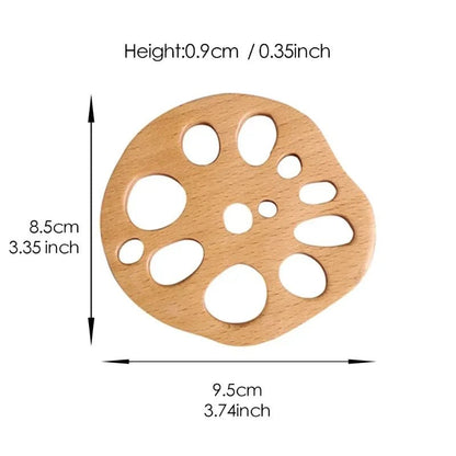 Wooden coaster with circular design and measurements on a white background