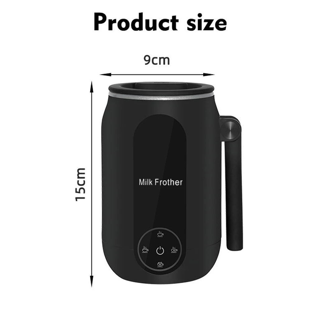 Black milk frother with dimensions labeled on a white background