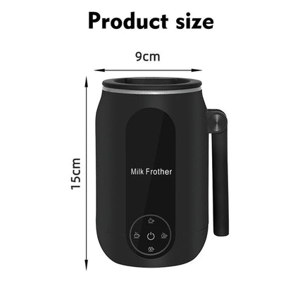 Black milk frother with dimensions labeled on a white background