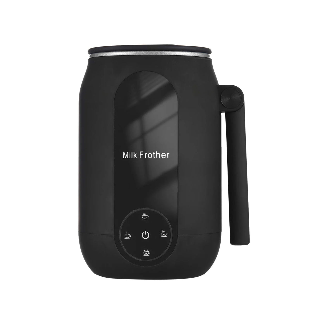 Black milk frother with control panel on a white background