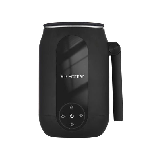 Black milk frother with control panel on a white background