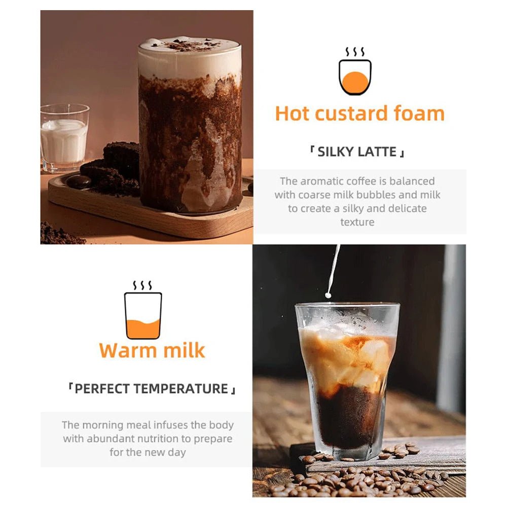 Two images of coffee drinks with text describing 'Hot custard foam' and 'Warm milk'.