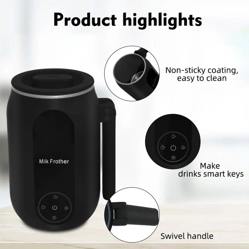 Black milk frother with product highlights on a light background