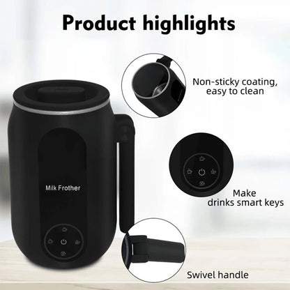 Black milk frother with product highlights on a light background