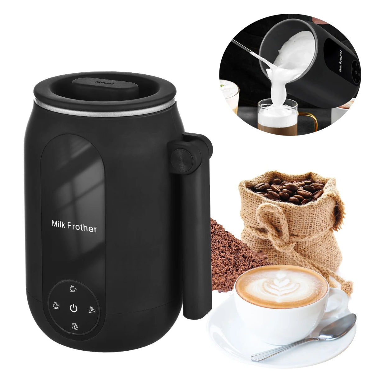 Black milk frother with a inset showing its use, coffee beans, and a cup of cappuccino.