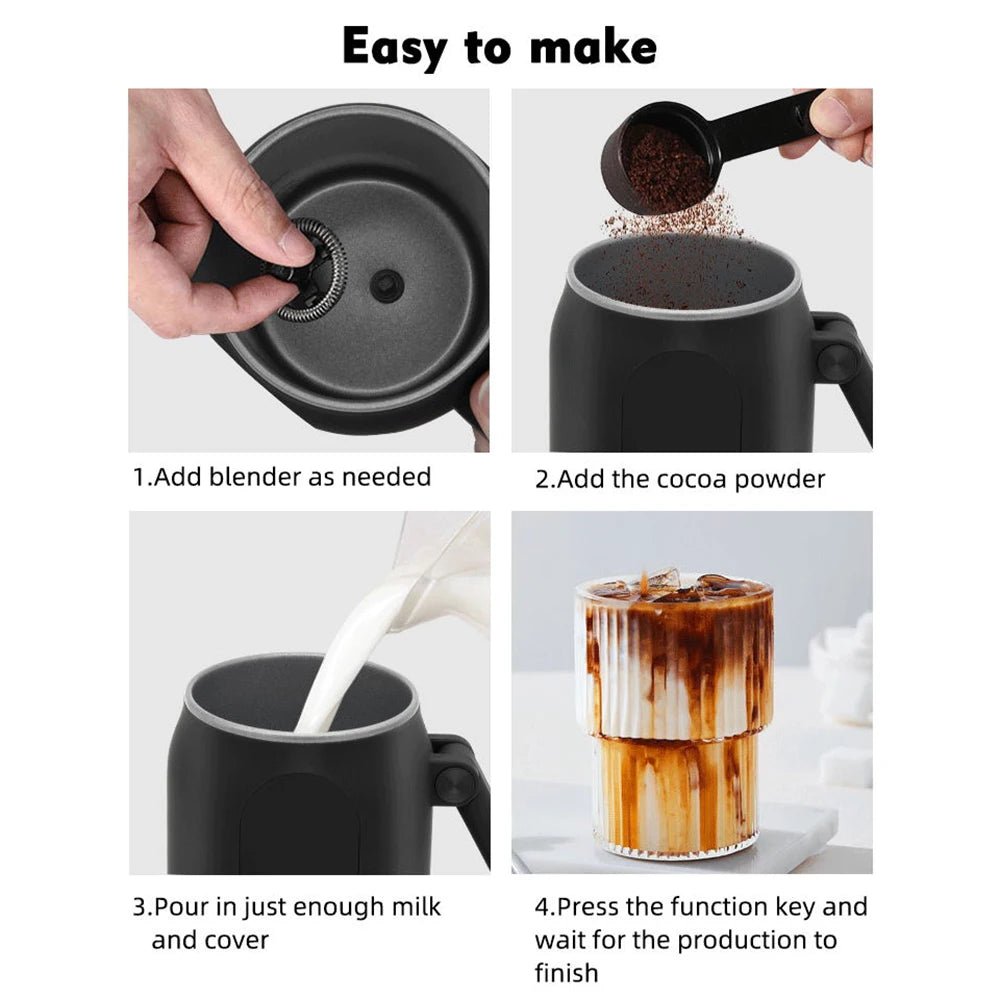 Step-by-step guide on making a drink using a blender and cocoa powder.