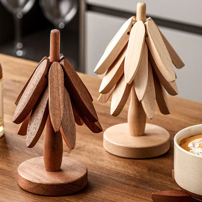 Pine Wood Coffee Coasters on a wooden table with a cup of coffee in the background.