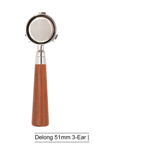 51mm bottomless portafilter with wood handle on white background