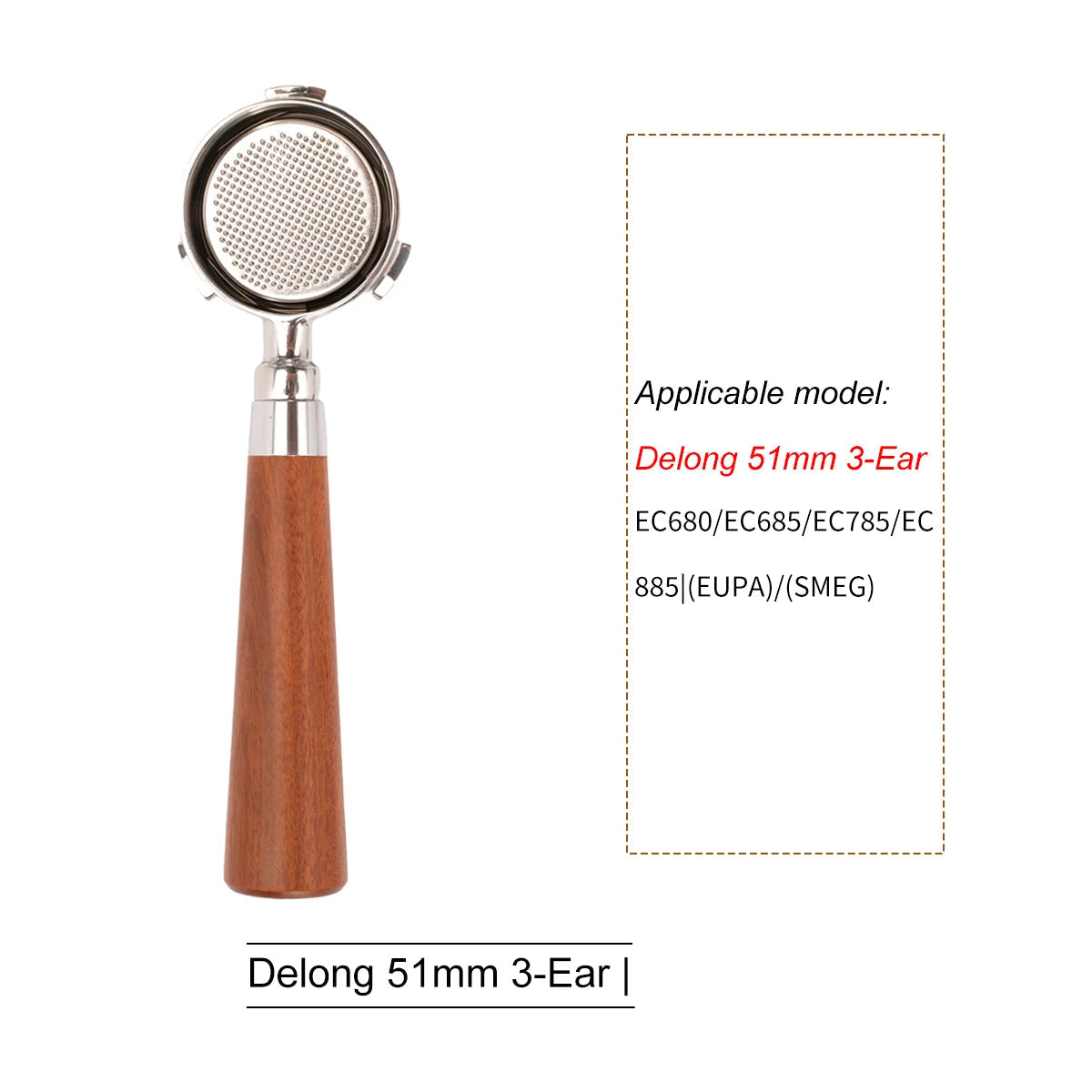 Wood-handled portafilter next to list of compatible models