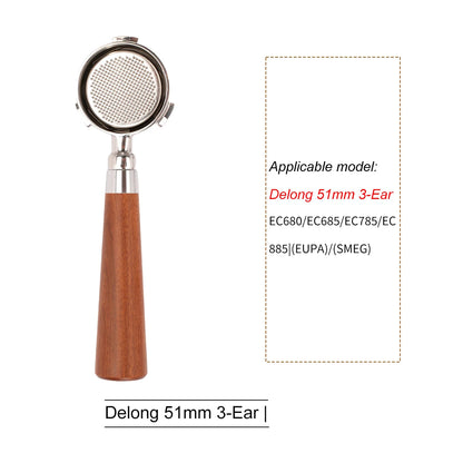 Wood-handled portafilter next to list of compatible models