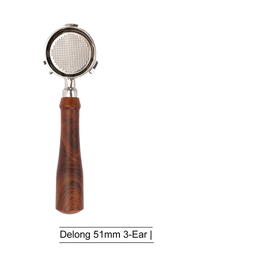 51mm bottomless portafilter with wood handle on white background