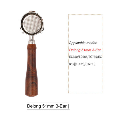 Wood-handled portafilter next to list of compatible models