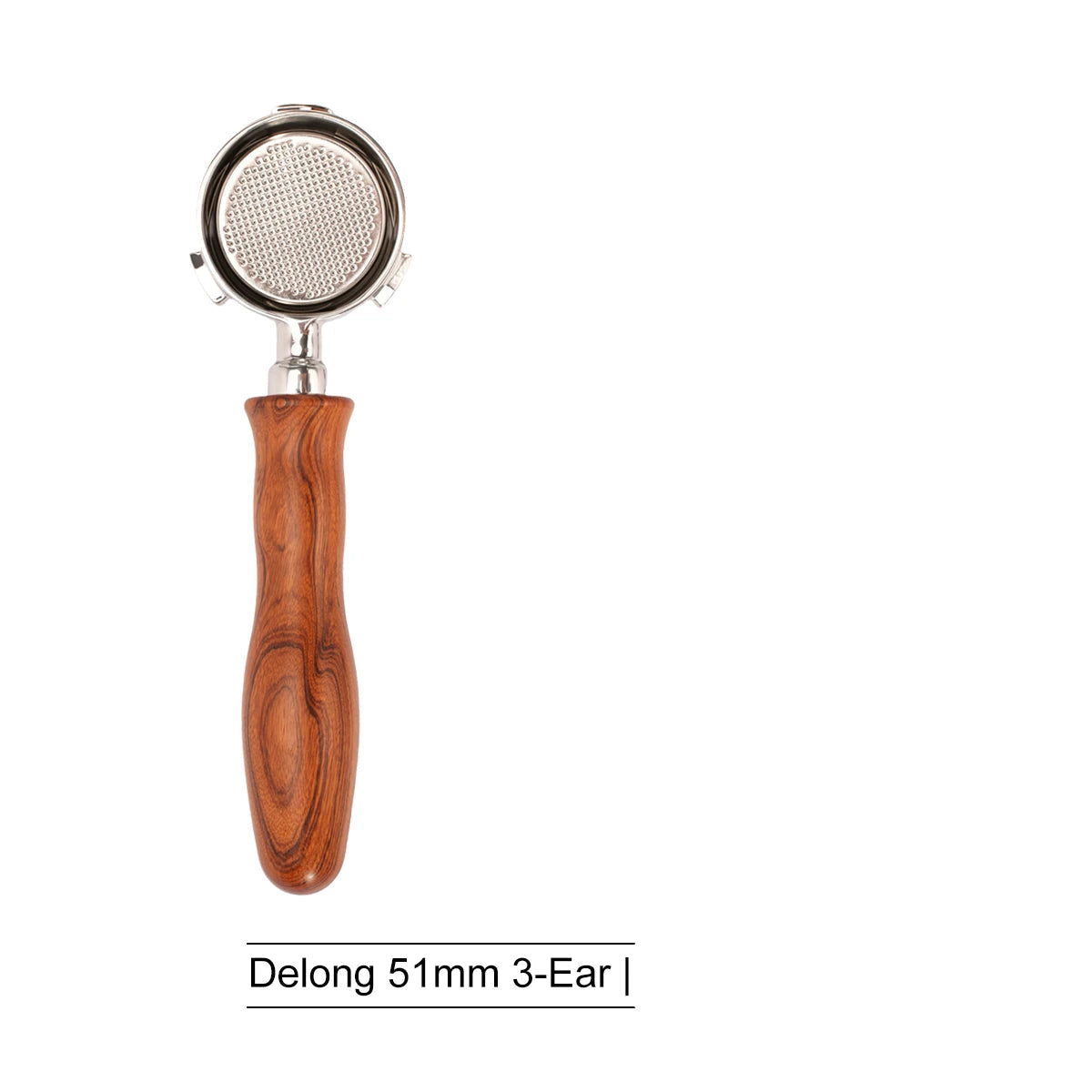 51mm bottomless portafilter with wood handle on white background