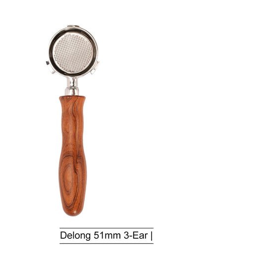 51mm bottomless portafilter with wood handle on white background