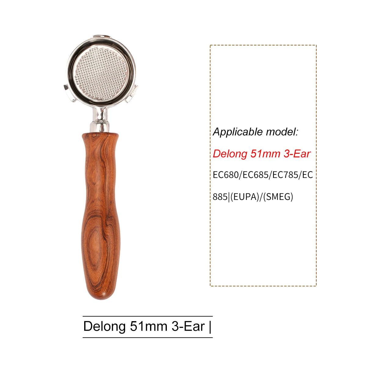 Wood-handled portafilter next to list of compatible models