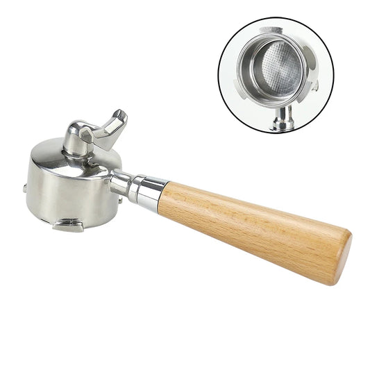 Portafilter with wooden handle and filter on a white background