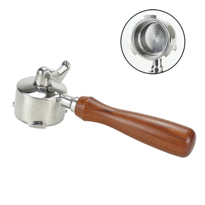 Portafilter with wooden handle and filter on a white background