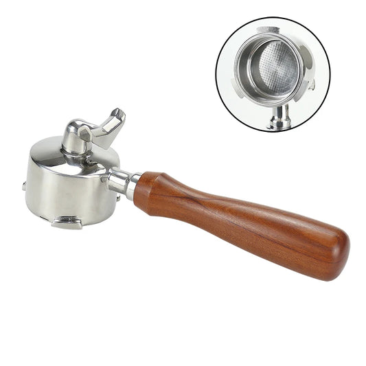Portafilter with wooden handle and filter on a white background