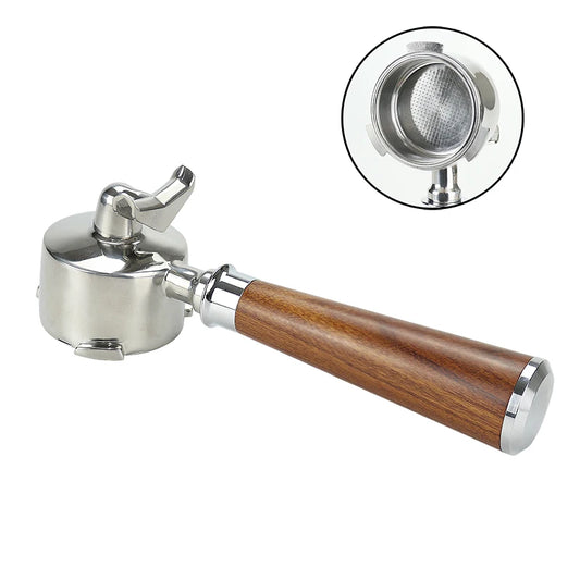 Portafilter with wooden handle and filter on a white background