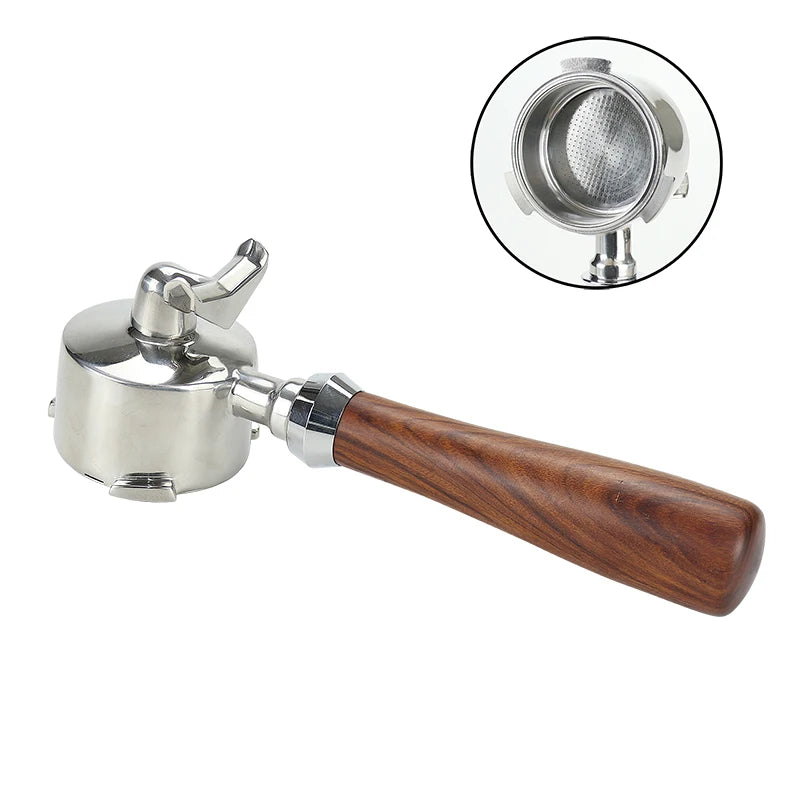 Portafilter with wooden handle and filter on a white background