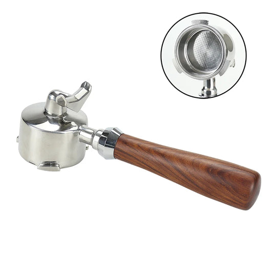 Portafilter with wooden handle and filter on a white background
