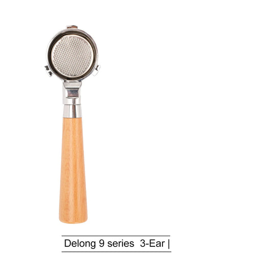 51mm bottomless portafilter with wood handle on white background