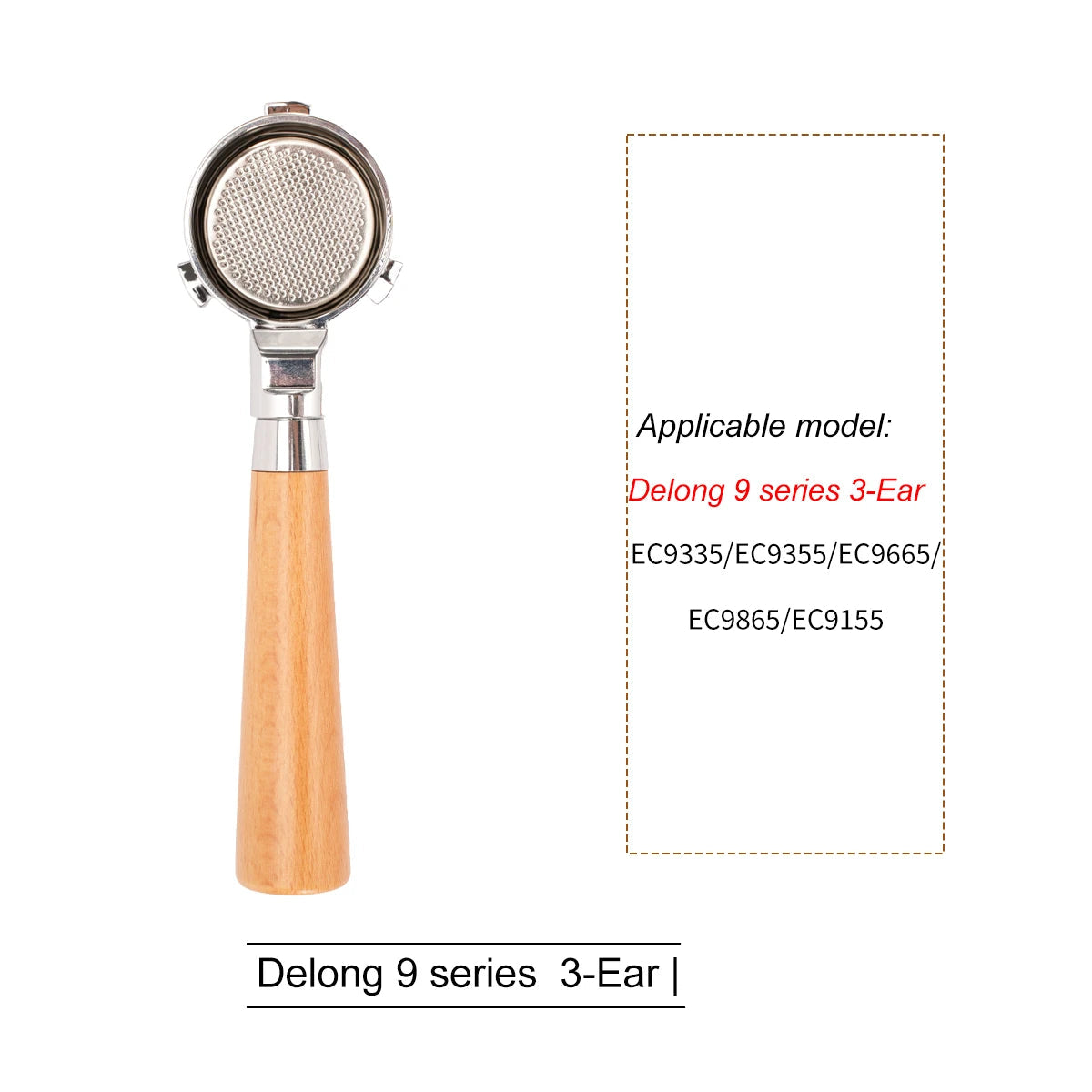 Wood-handled portafilter next to list of compatible models