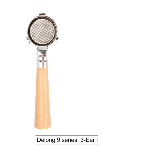 51mm bottomless portafilter with wood handle on white background