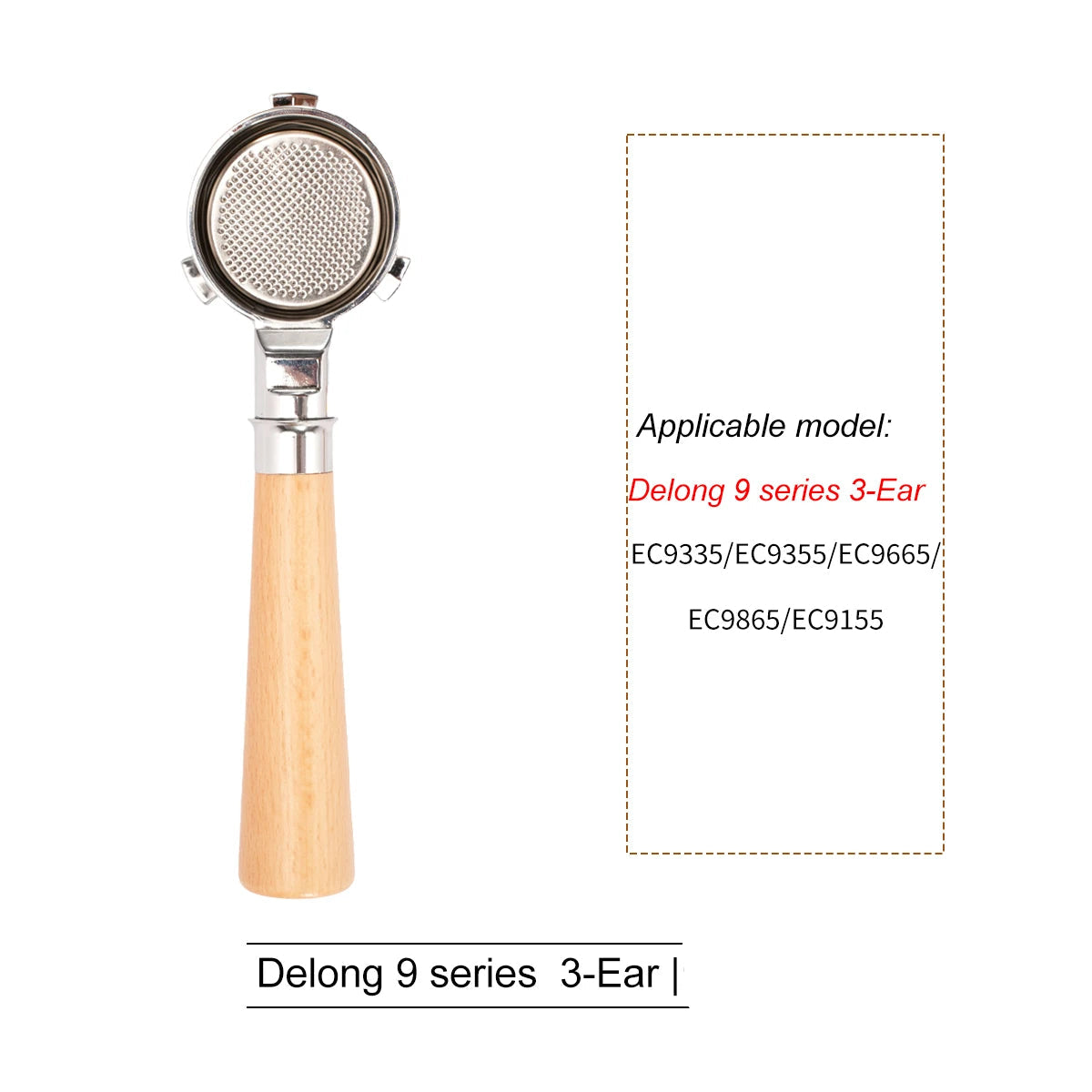 Wood-handled portafilter next to list of compatible models