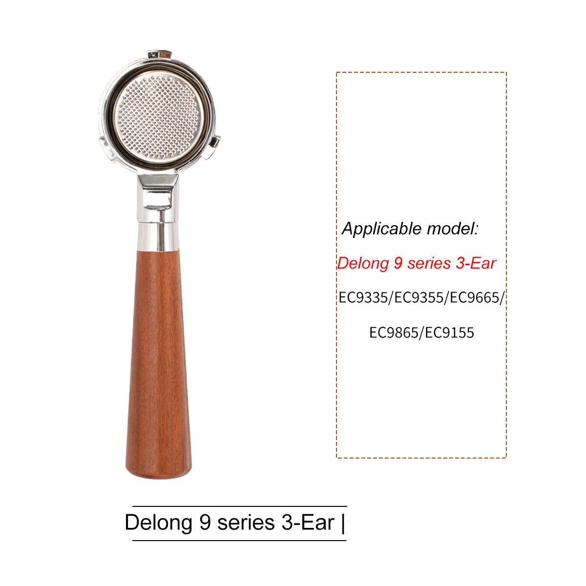 Wood-handled portafilter next to list of compatible models