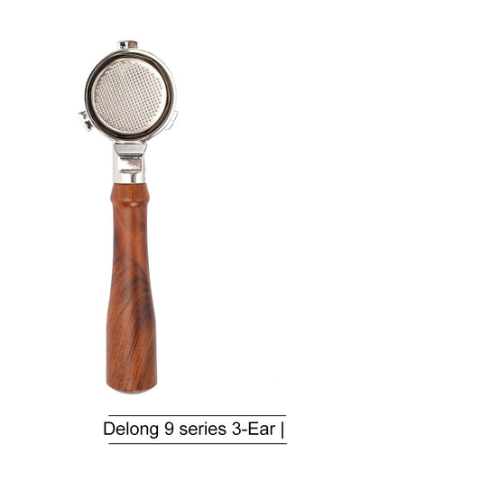 51mm bottomless portafilter with wood handle on white background