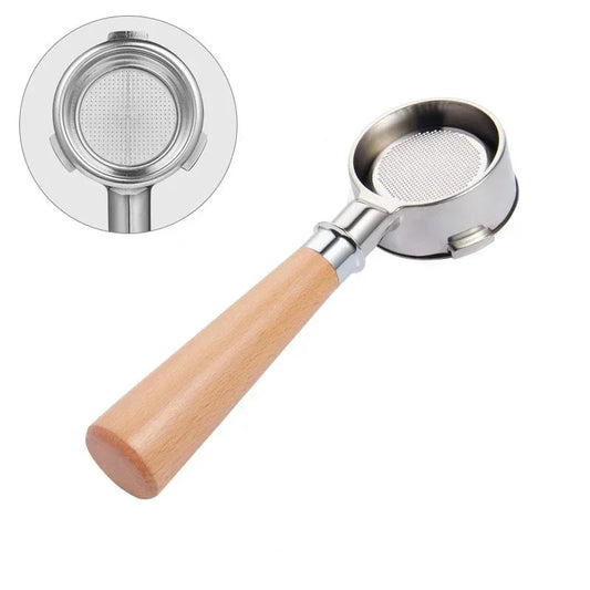 54mm bottomless portafilter with wood handle on white background