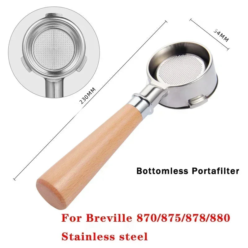 Wood-handled portafilter next to list of compatible models