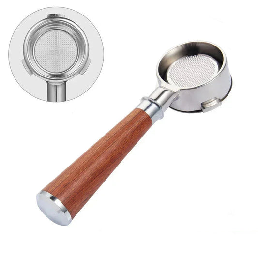 54mm bottomless portafilter with wood handle on white background