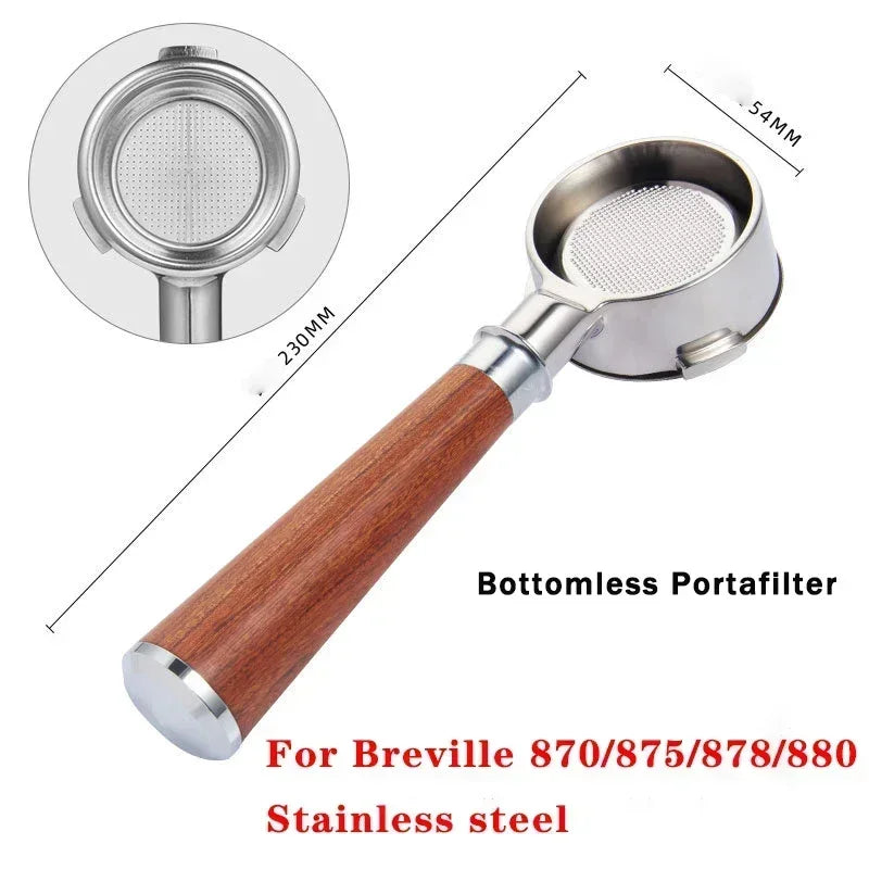 Wood-handled portafilter next to list of compatible models
