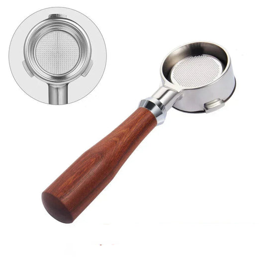 54mm bottomless portafilter with wood handle on white background