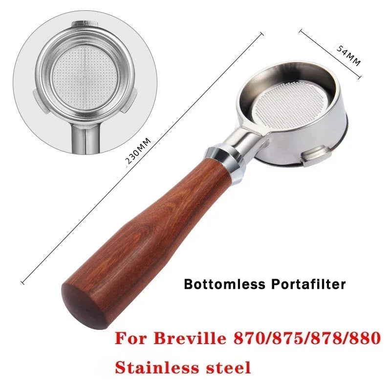 Wood-handled portafilter next to list of compatible models