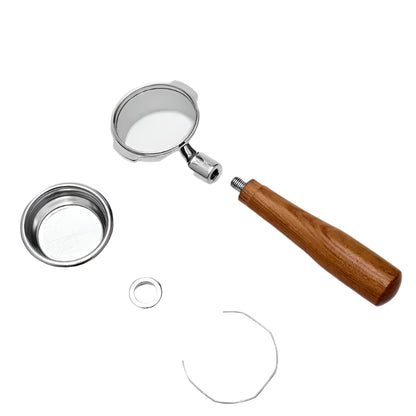 Components of a disassembled portafilter on a white background